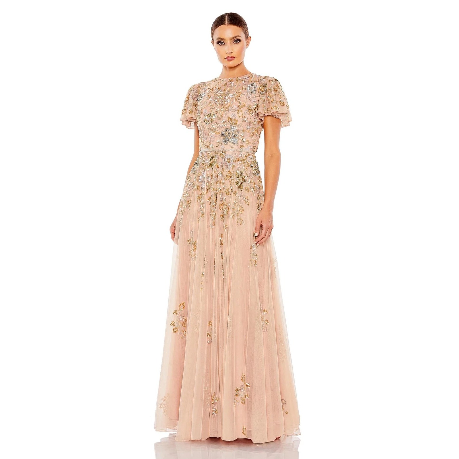 Mac Duggal 5717 Embellished Butterfly Sleeve Gown Taupe Multi Size 12 Nwt